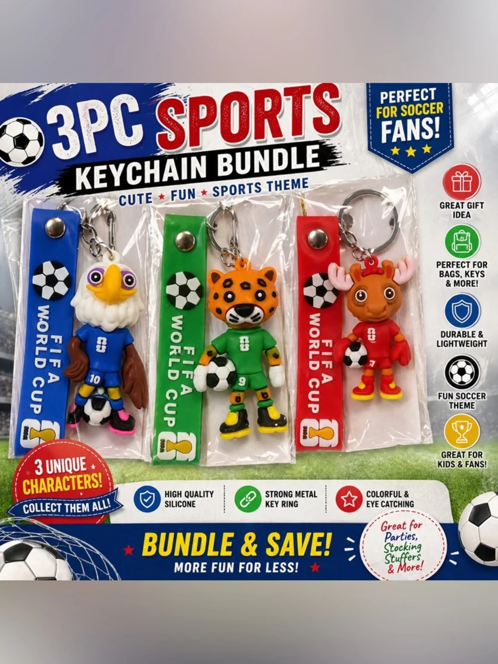 3pc Soccer Animal Keychain Bundle FIFA World Cup Style Cute Sports Charms